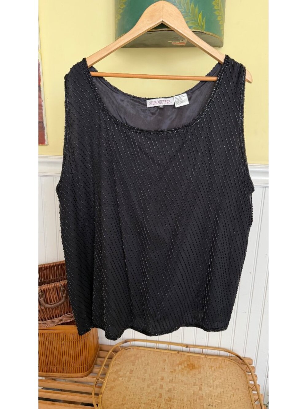 Silhouettes Black Beaded Silk Tank Top 3X Scoop Neck Sleeveless Lined vintage 90